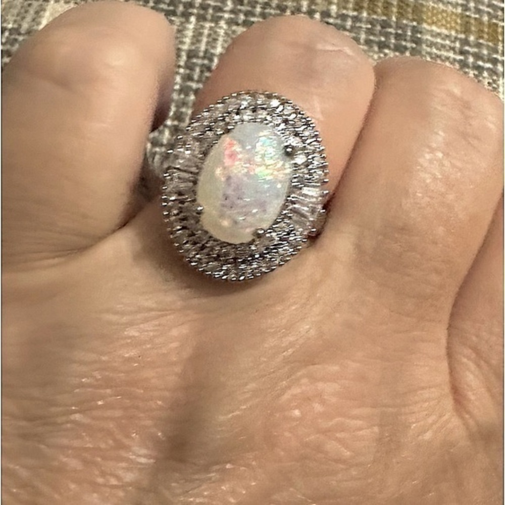 white gold vermeil ring opal 2 CT diamond halo oval baguette round wedding ring